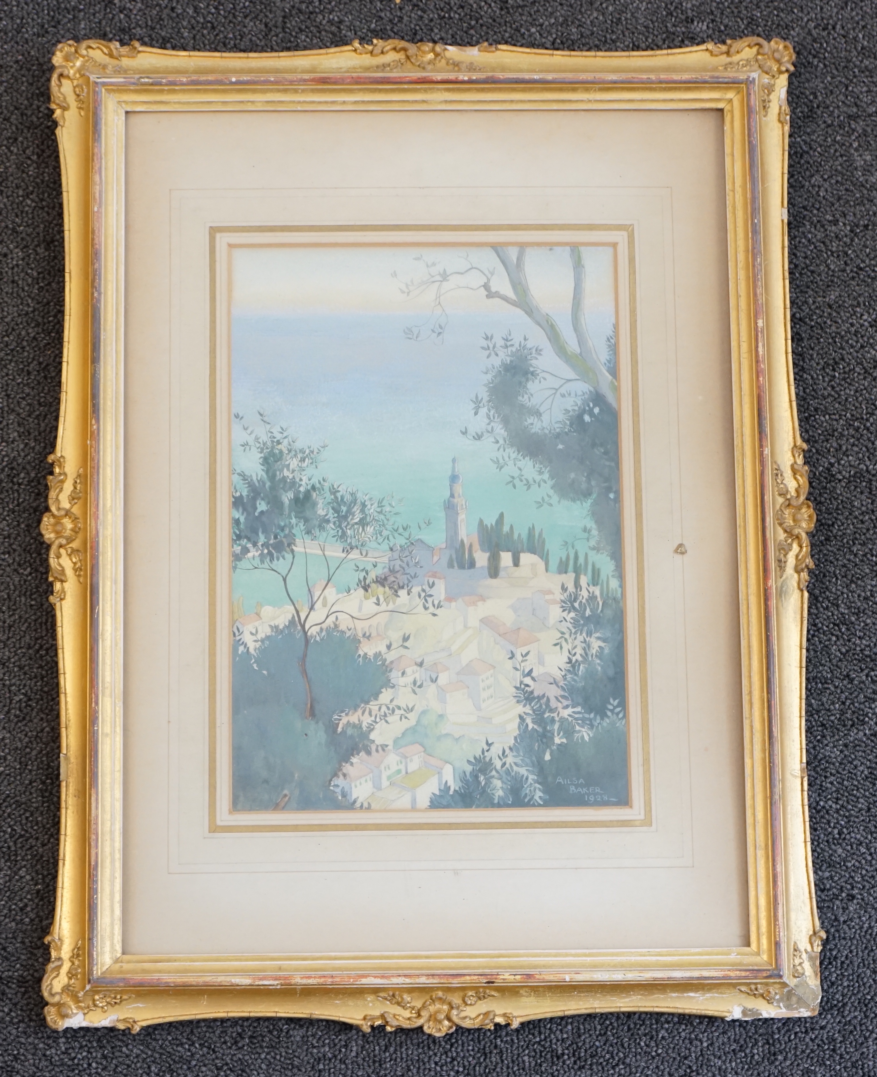 Ailsa Baker, gouache and watercolour, Mediterranean coastal town with church spire, signed and dated 1928, 26 x 18cm